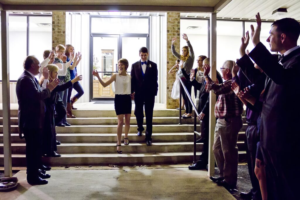 Groom and Bride departing after their reception at Rose Park Baptist in Shreveport, LA