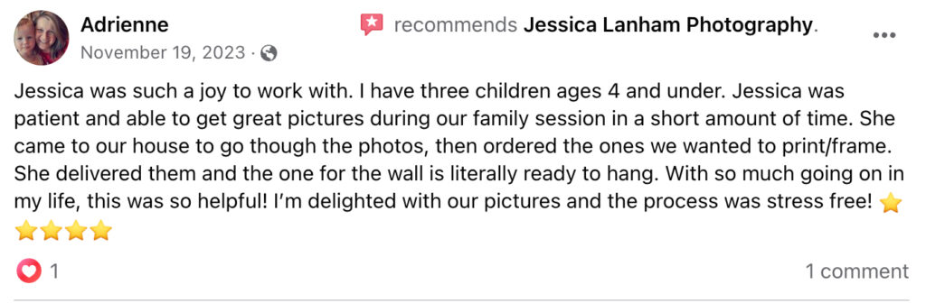 a great review from a client from Family Fall Session 2023 for Jessica Lanham photography business